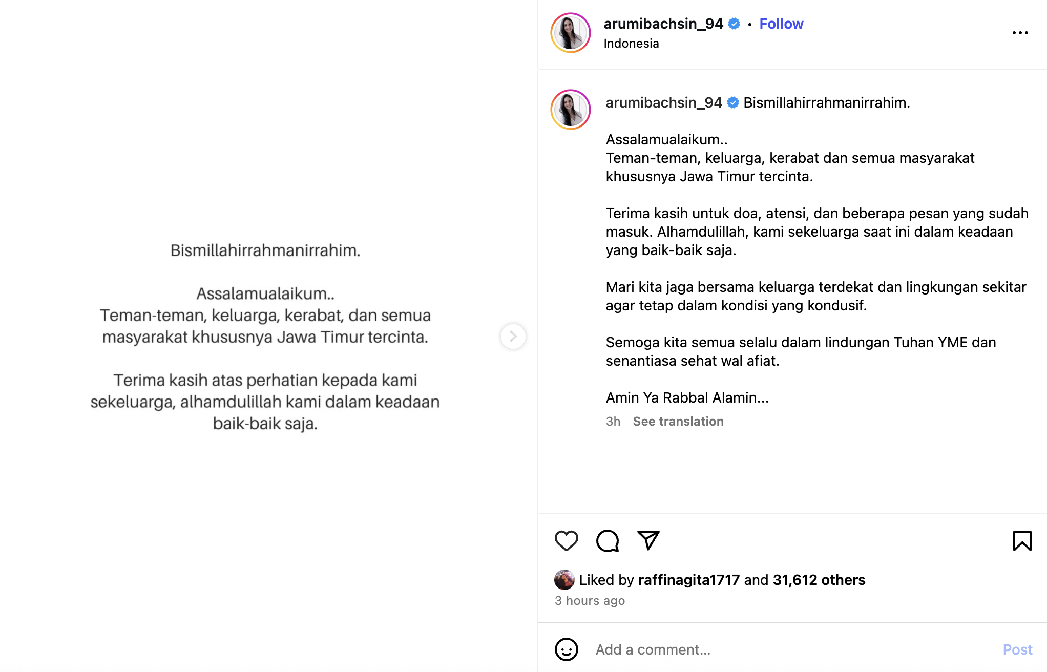 Kabar dari Arumi Bachsin. (Instagram/@arumibachsin)